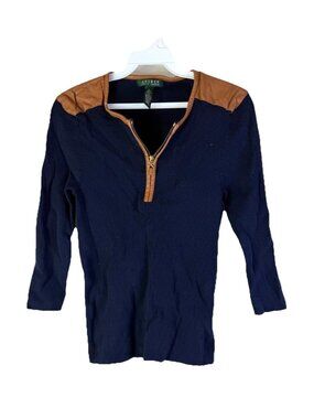 Vintage 90s Lauren Ralph Lauren Large Faux Leather Trim Quarter Zip Sweater Shir